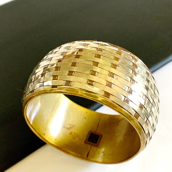 Vintage Jewelry - Huge Bold Vintage Silver Brass Copper Bangle Bracelet Statement Pc